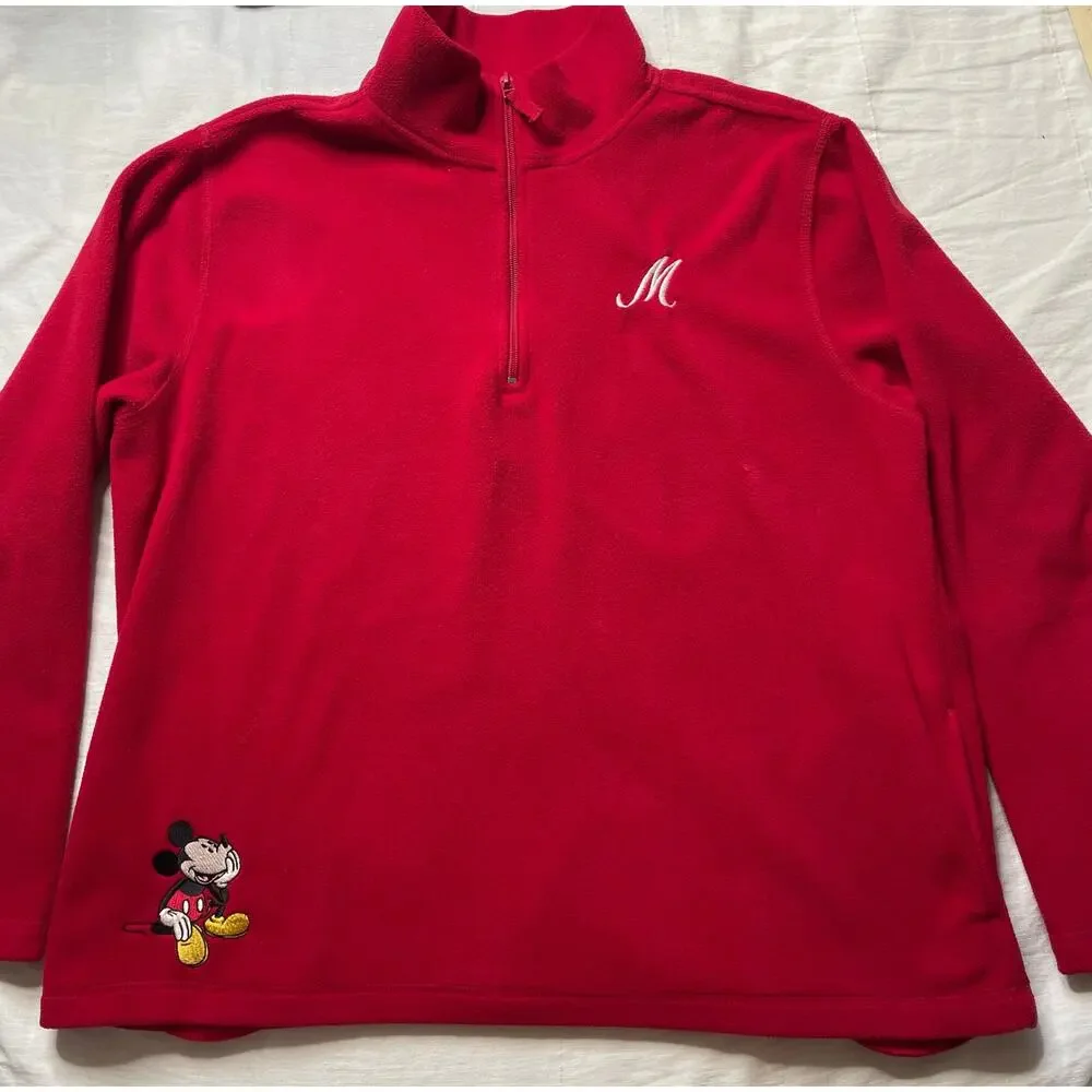 Vintage Disney Mickey Mouse Red Fleece Embroidered Quarter Zip Sz XL Pullover - Picture 1 of 6